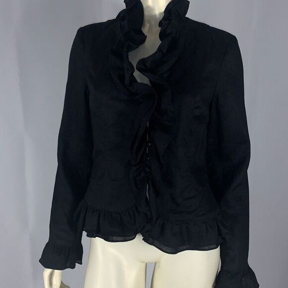 Vintage Y2K Black Ruffled Button Down Linen Top Size 12 - Picture 11 of 16